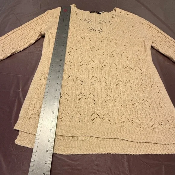 NIC+ZOE Cream V-Neck Open-weave Cable Knot Crochet 3/4 Sleeve Sweater Small - Picture 4 of 9